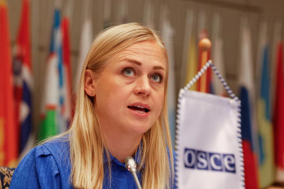 Finnish Foreign Minister and Organization for Security and Co-operation in Europe (OSCE) Chairperson-in-Office Elina Valtonen presents a programme for OSCE 2025 Chairpersonship in Vienna, Austria, January 23, 2025. REUTERS/Lisa Leutner/File Photo