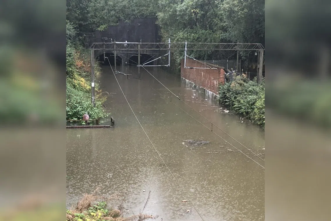 A flooded railway line in Scotland, where some areas reportedly saw a month’s worth of rain over a 24-hour period.