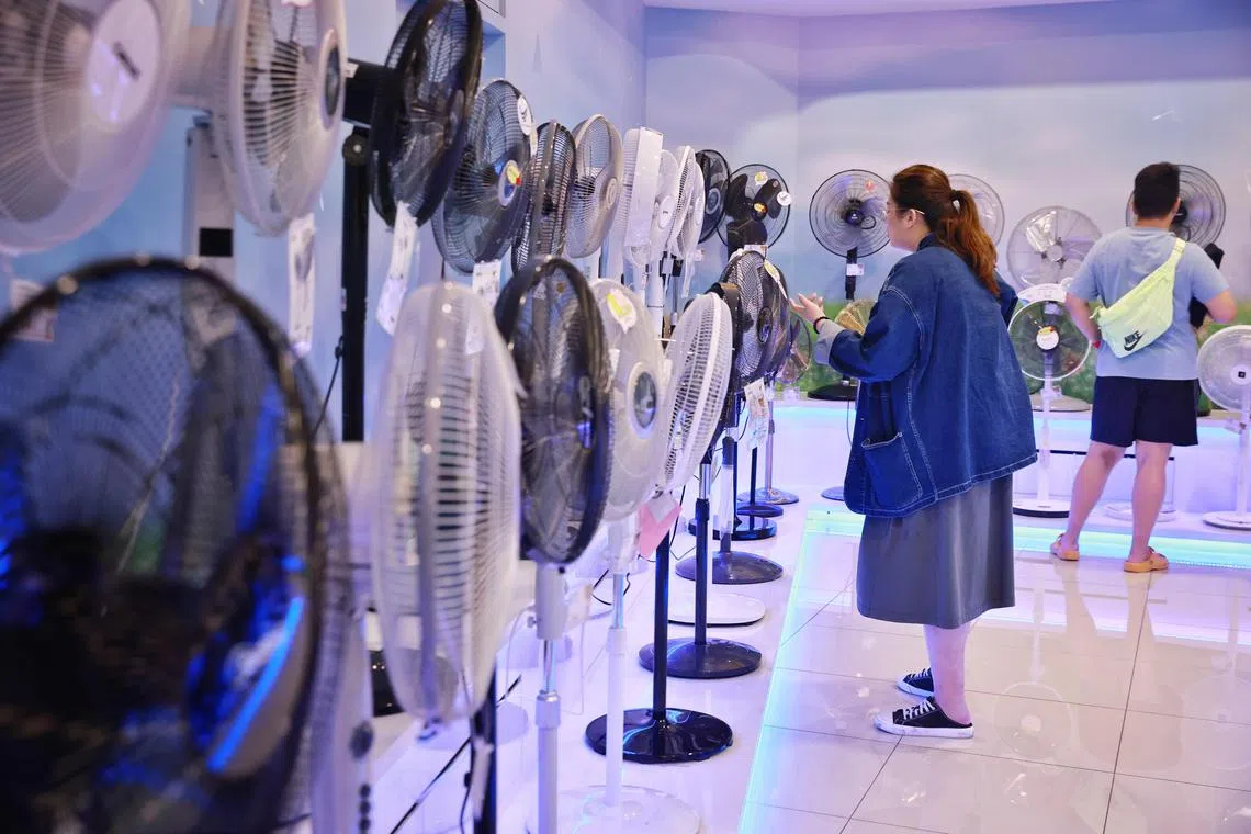 A customer looking at fans at the Gain City megastore in Sungei Kadut on May 17, 2023.