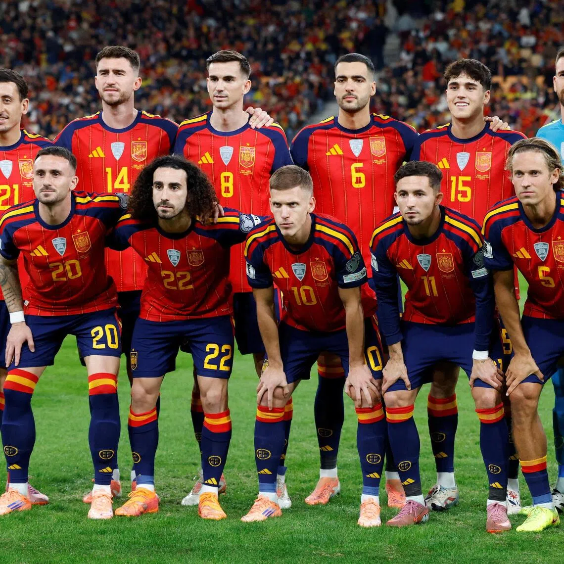 Spain players posing for a team group photo before the World Cup qualifier against Turkey at the Estadio La Cartuja de Sevilla on Nov 18, 2025.