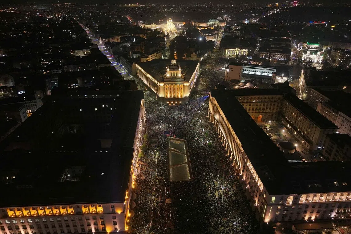 Tens of thosands of protesters gather in central Sofia to demonstrate against the Buglarian government on Dec 10, 2025., widening an anti-corruption movement sweeping the European Union's poorest country as it prepares to adopt the euro. 
