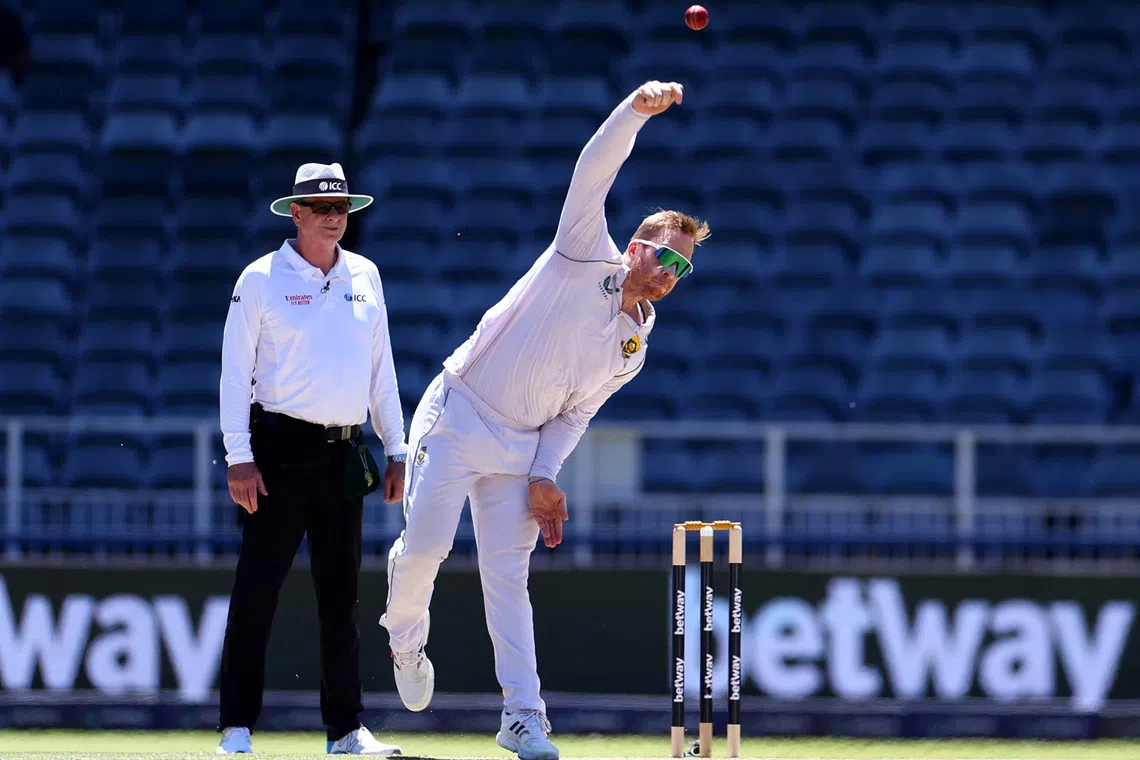 Cricket - Second Test - South Africa v West Indies - Wanderers Stadium, Johannesburg, South Africa - March 9, 2023 South Africa's Simon harmer in action REUTERS/Siphiwe Sibeko