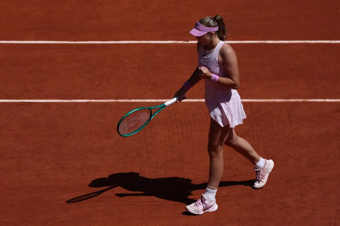 Tennis - French Open - Roland Garros, Paris, France - June 6, 2026 Russia's Mirra Andreeva reacts during her final match against Poland's Maja Chwalinska REUTERS/Stephane Mahe