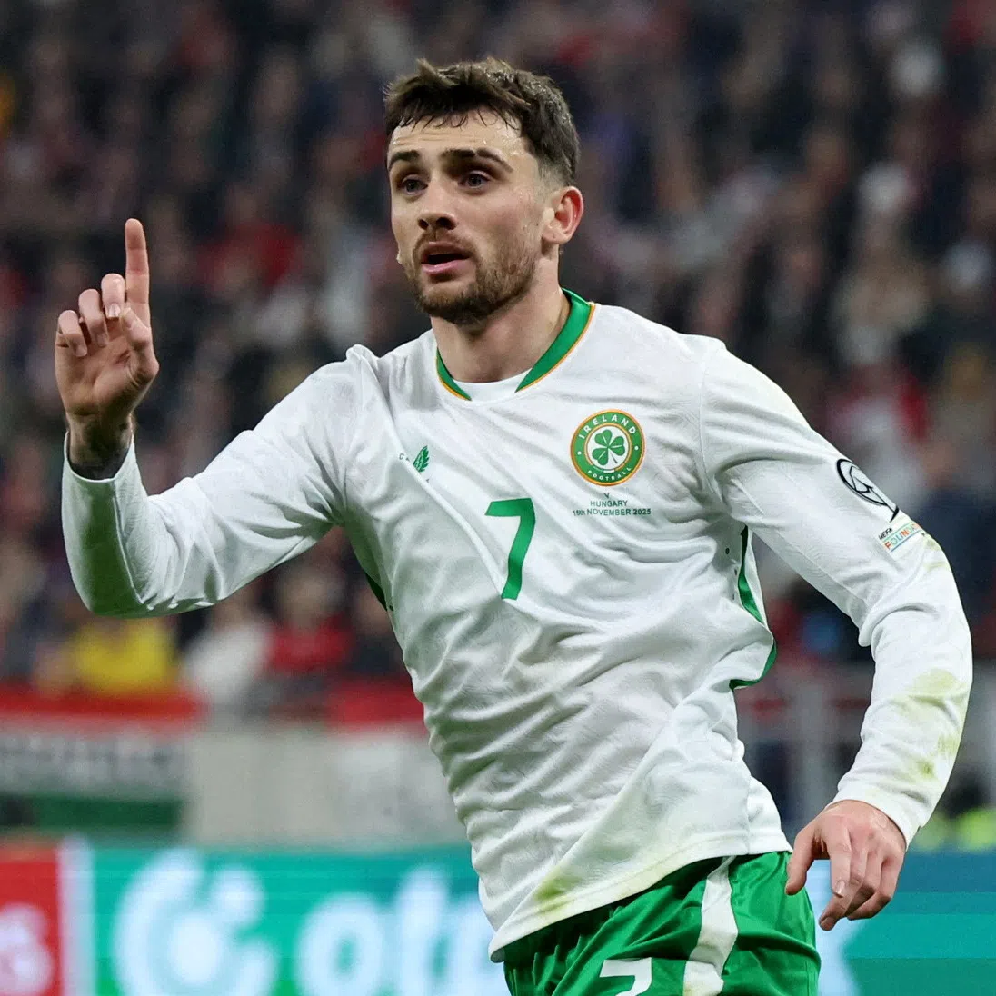 FILE PHOTO: Soccer Football - World Cup - UEFA Qualifiers - Group F - Hungary v Republic of Ireland - Puskas Arena, Budapest, Hungary - November 16, 2025 Republic of Ireland's Troy Parrott celebrates after scoring their second goal. REUTERS/Bernadett Szabo/File Photo