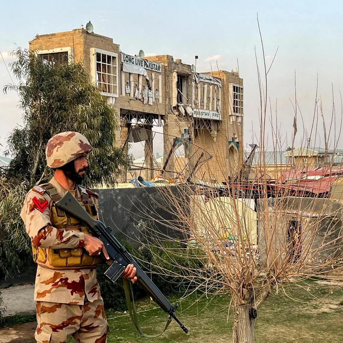 A soldier stands guard at a post at the Friendship Gate, following exchanges of fire between Pakistan and Afghanistan forces, at the border crossing between the two countries in Chaman, Pakistan.