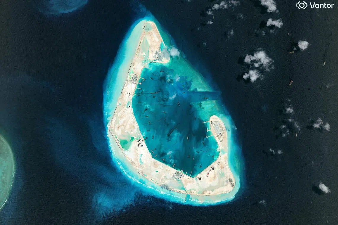 A satellite image provided by Vantor shows Antelope Reef in disputed waters off the coast of Vietnam in April 2026.