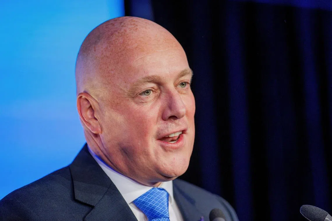 FILE PHOTO: Christopher Luxon, Leader of the National Party speaks to supporters at his election party after winning the general election to become New Zealand’s next prime minister in Auckland, New Zealand, October 14, 2023. REUTERS/David Rowland/File photo