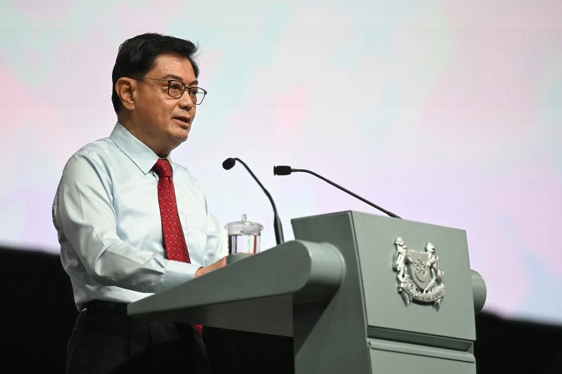 DPM Heng Swee Keat delivering an address at the annual Public Service Leadership Ceremony 2023 at The Expo Apex Hall, on Oct 19, 2023.