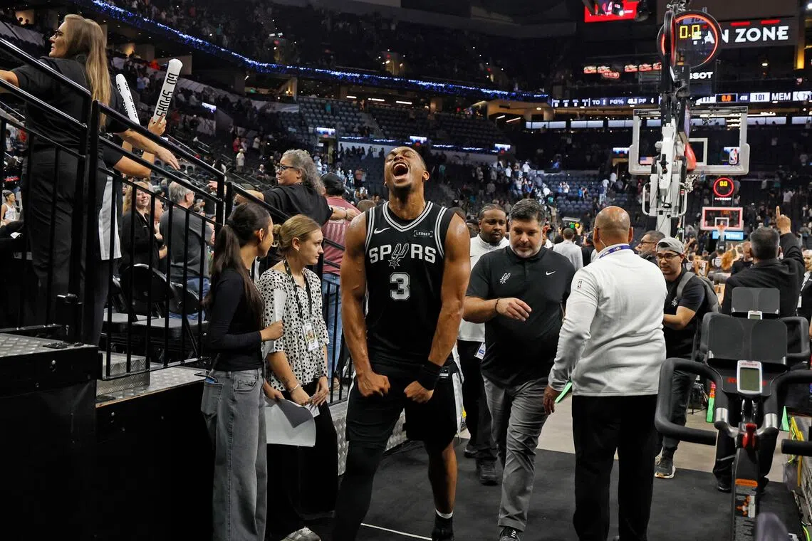 Keldon Johnson of the San Antonio Spurs reacts as he leaves the court after Spurs defeated Memphis Grizzlies at Frost Bank Center.