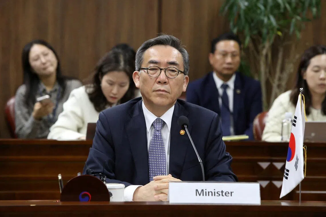 FILE PHOTO: South Korean Foreign Minister Cho Tae-yul looks on as he talks during a meeting at the Foreign Ministry on November 4, 2024 in Seoul, South Korea. Chung Sung-Jun/Pool via REUTERS/File Photo