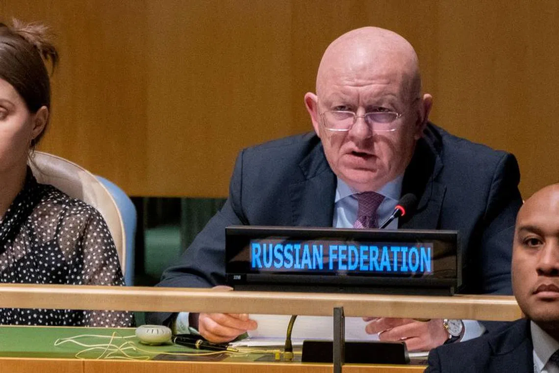 FILE PHOTO: Russian Ambassador to the U.N. Vassily Nebenzia addresses members of the general assembly prior to a vote on a resolution condemning the annexation of parts of Ukraine by Russia, amid Russia's invasion of Ukraine, at the United Nations Headquarters in New York City, New York, U.S., October 12, 2022. REUTERS/David 'Dee' Delgado/File Photo