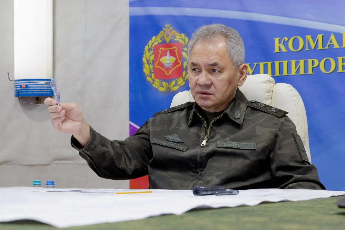 FILE PHOTO: RussiaN Defence Minister Sergei Shoigu attends a meeting at a Russian military command centre in a location given as Russian-controlled Ukraine, in this picture released February 24, 2024. Russian Defence Ministry/Handout via REUTERS/File Photo