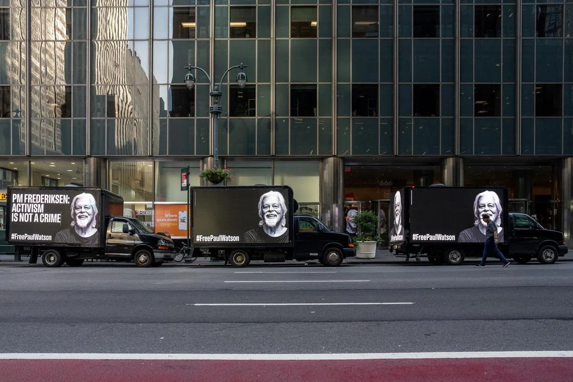 Trucks with digital billboards displaying a photo of Paul Watson and calling for his release are seen in New York City, U.S., August 28, 2024. REUTERS/David 'Dee' Delgado
