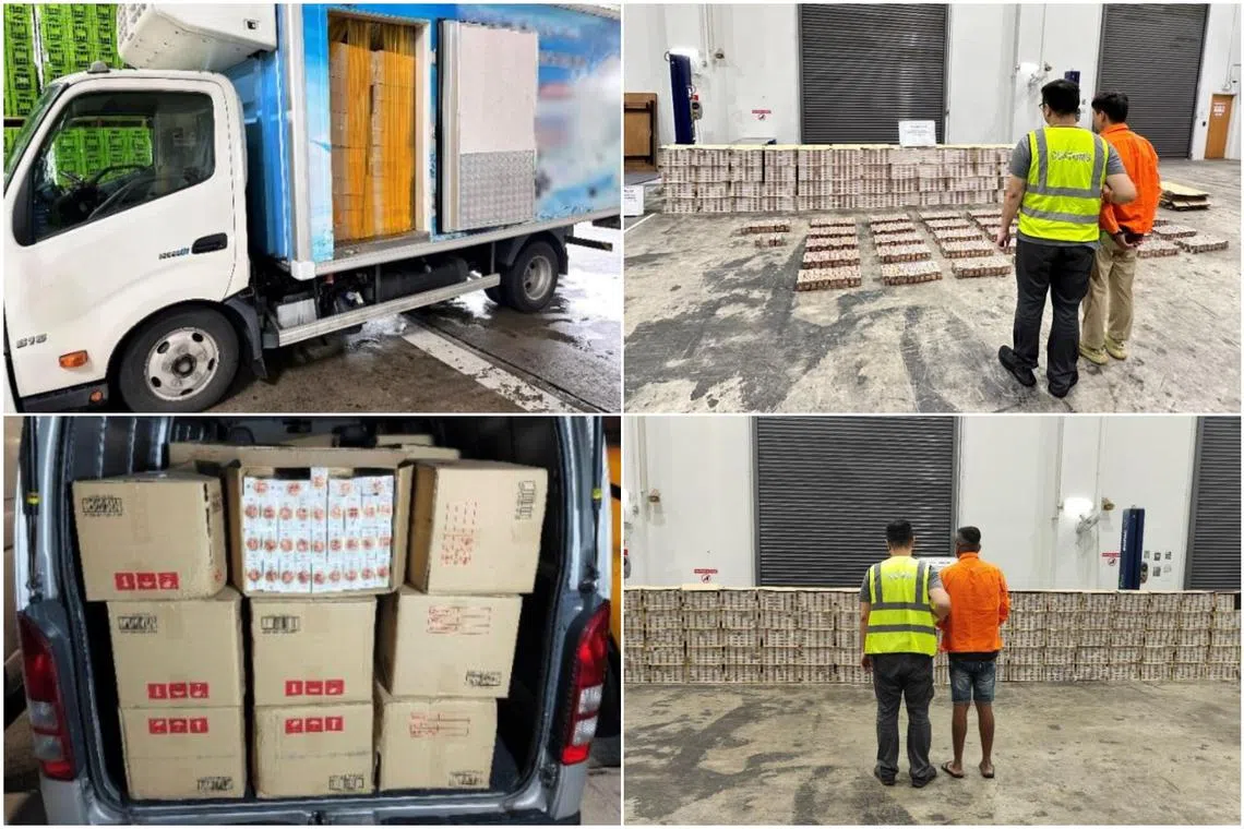 The raids at Tuas Link 3 (top row) and Marine Parade Central also led to the confiscation of 3,628 packets of contraband cigarettes.