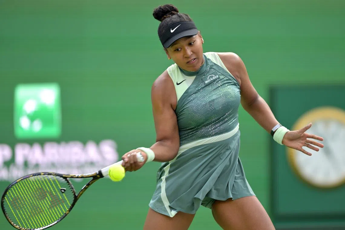 Mar 7, 2024; Indian Wells, CA, USA; Naomi Osaka (JPN) hits a shot during her first round match as she defeated Sara Errani (ITA) in the BNP Paribas Open at the Indian Wells Tennis Garden. Mandatory Credit: Jayne Kamin-Oncea-USA TODAY Sports