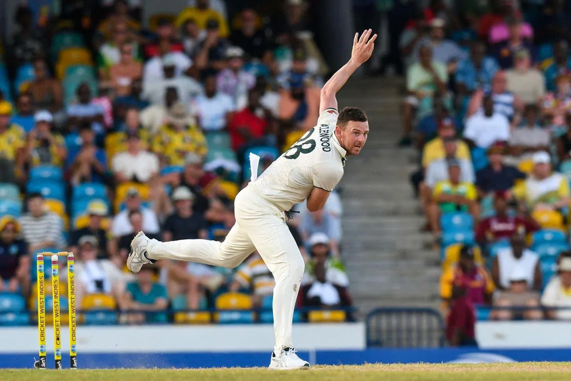 Australia's Josh Hazlewood bowling on the third day of the first cricket Test against West Indies at Kensington Oval, Bridgetown, Barbados on June 27, 2025. He took five wickets.