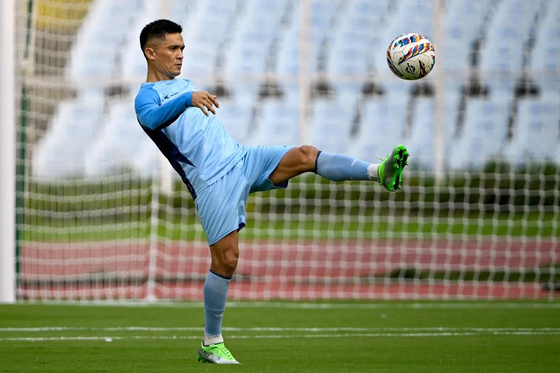 India's captain Sunil Chhetri attending a training session ahead of their World Cup 2026 qualifier against Kuwait, in Kolkata on June 3. Chhetri said on May 16, he will retire from international football aged 39, ending a record-breaking career for his country spanning two decades.