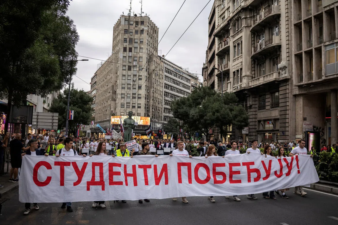 FILE PHOTO: Students walk the streets carrying boxes bearing the certified signatures of their supporters, an initial step toward being included on the voting list, with the submission of the “Students Win” list to the Republic Election Commission in Belgrade, Serbia, September 14, 2026. REUTERS/Marko Djurica/File Photo