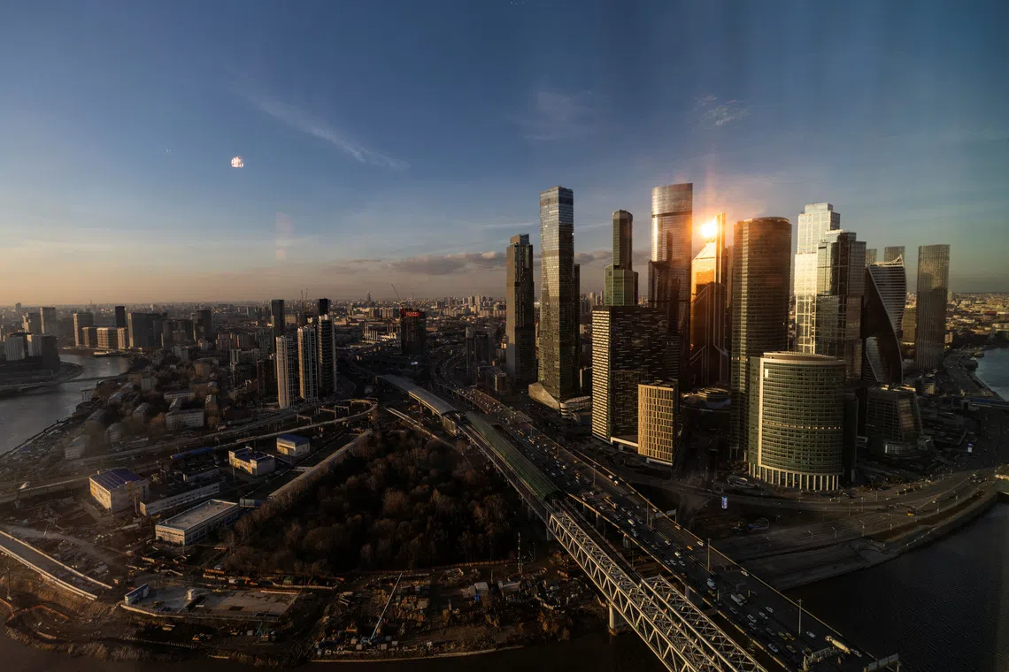 An aerial view shot through a window shows Moscow International Business Centre, also known as Moskva-City, and its surroundings in Russia March 28, 2023. REUTERS/Maxim Shemetov