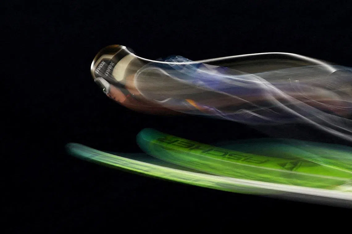 Stephan Embacher of Austria in action during the Milano Cortina 2026 Olympics ski jumping trial round at the  Predazzo Ski Jumping Stadium in Predazzo, Italy on Feb 10, 2026..  