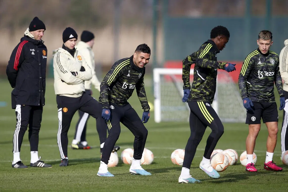 Manchester United's Casemiro training with teammates ahead of the Europa League clash with Barcelona. The Brazilian midfielder will be eager to play after missing the last two Premier League games through suspension.