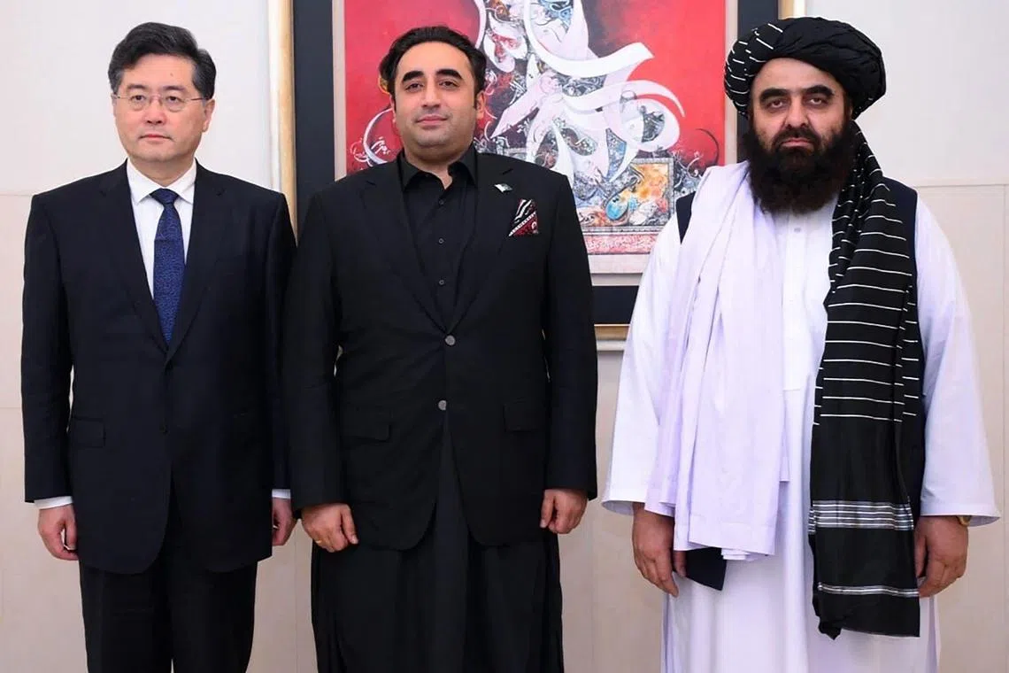 (From left) Chinese Foreign Minister Qin Gang, Pakistani Foreign Minister Bilawal Bhutto Zardari and Afghan Foreign Minister Amir Khan Muttaqi in Islamabad on May 6.