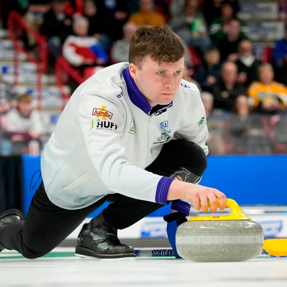 Curling - World Men's Curling Championship - Mosaic Place, Moose Jaw, Saskatchewan, Canada - April 6, 2025 Scotland's Bruce Mouat celebrate after winning their bronze medal match against Switzerland REUTERS/Todd Korol