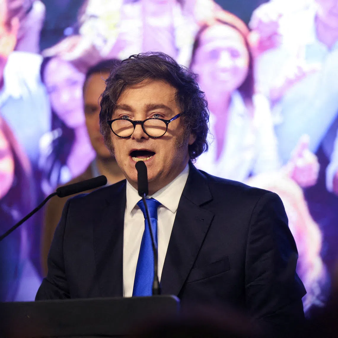 FILE PHOTO: Argentina's President Javier Milei speaks after the La Libertad Avanza party won the midterm election, which is seen as crucial for Milei's administration after U.S. President Donald Trump warned that future support for Argentina would depend on Milei's party performing well in the vote, in Buenos Aires, Argentina, October 26, 2025. REUTERS/Cristina Sille/File Photo