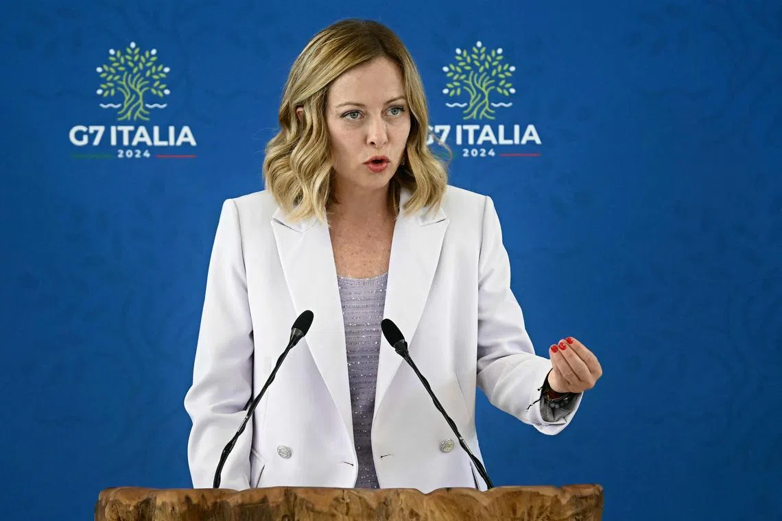 Ms Giorgia Meloni, Italy's prime minister, speaks during a news conference on the final day of the Group of Seven leaders summit.