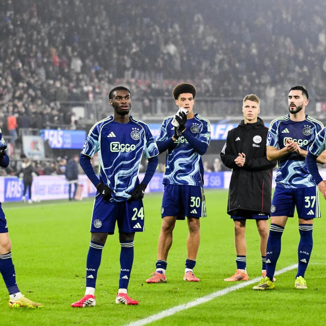 (From left) Ajax's Anton Gaaei, Horthy Mokio, Aaron Bouwman, Sean Steur, Josip Sutalo and Lucas Rosa are dejected after the 6-0 thrashing by AZ Alkmaar in the KNVB Cup round of 16 on Jan 14, 2026.