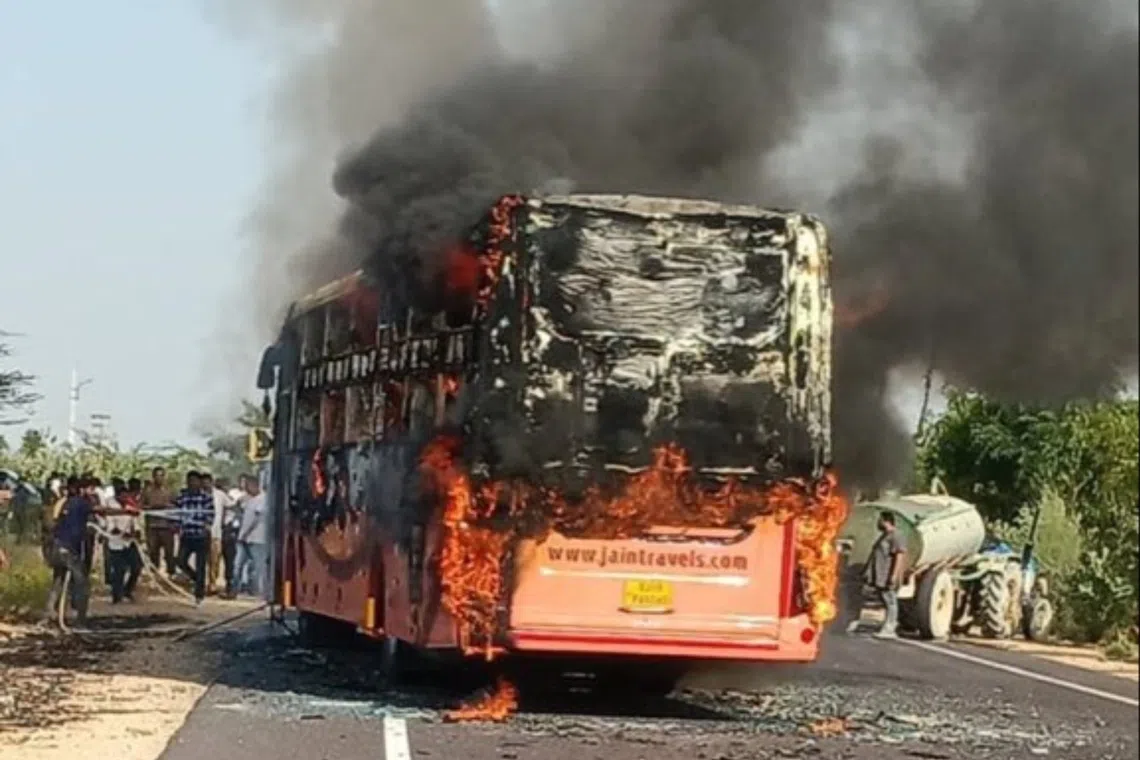 A photo circulating on the internet shows the bus, which carried over 50 passengers, on fire.