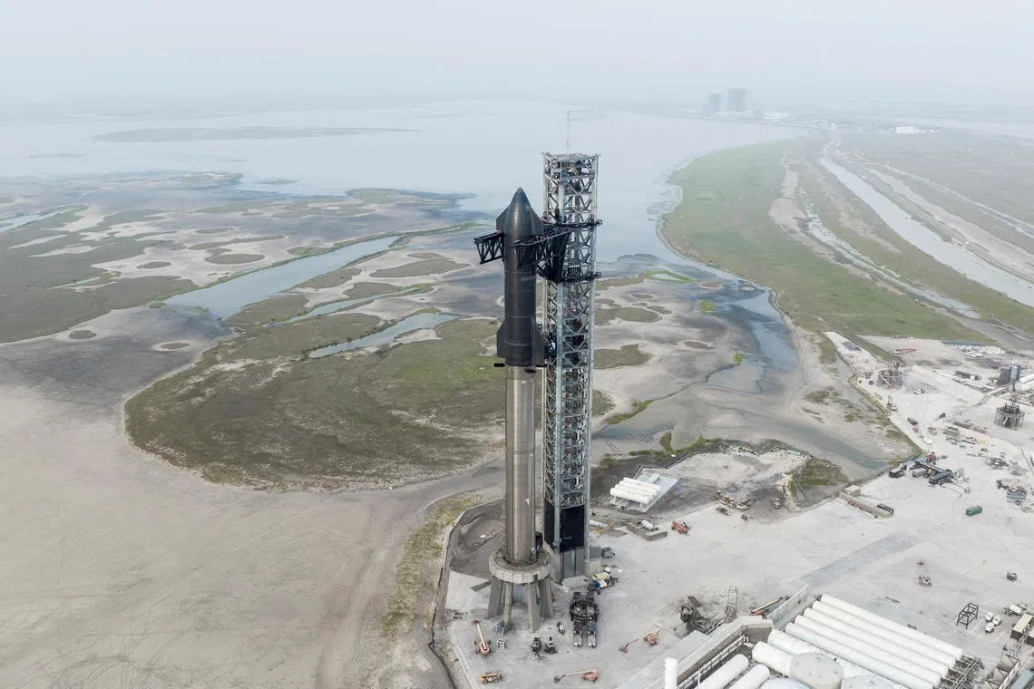 SpaceX Starship's full stack is seen on its launchpad near Brownsville, Texas, U.S. in an undated photograph.  SpaceX/Handout via REUTERS.  NO RESALES. NO ARCHIVES. THIS IMAGE HAS BEEN SUPPLIED BY A THIRD PARTY.