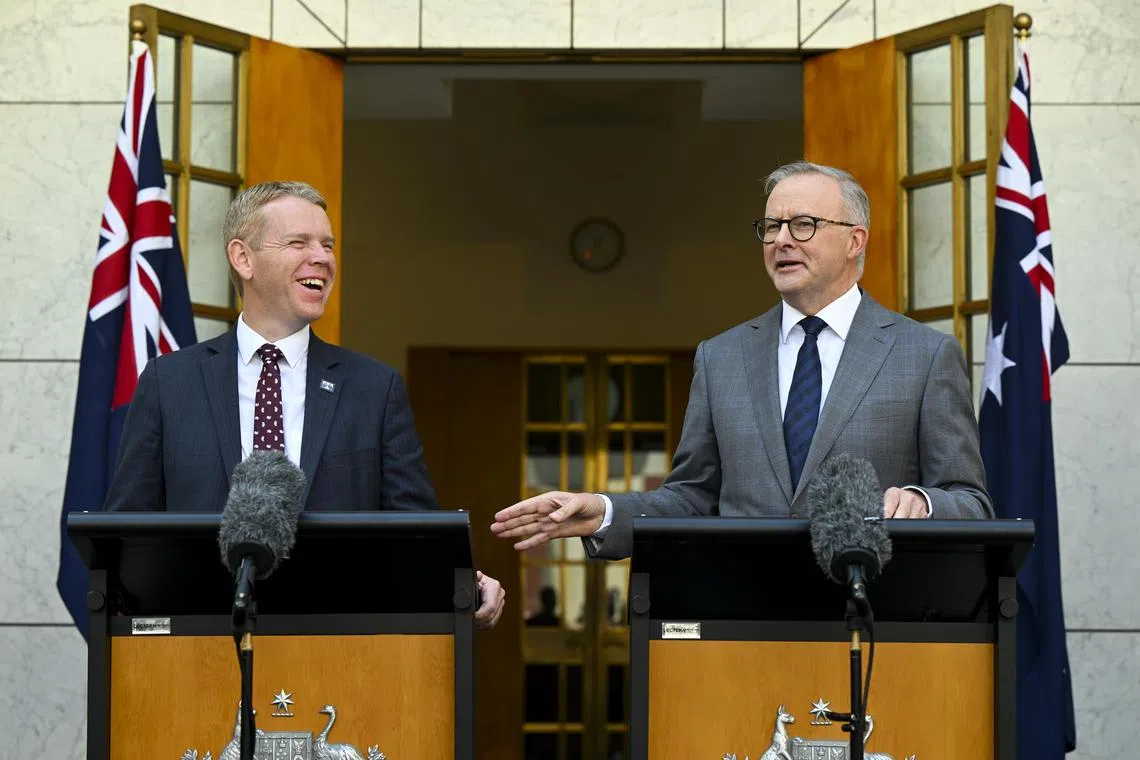 epa10451859 New Zealand Prime Minister Chris Hipkins (L) attends a press conference with Australian Prime Minister Anthony Albanese (R) at Parliament House in Canberra, Australia, 07 February 2023. Hipkins is on an official visit to Australia.  EPA-EFE/LUKAS COCH AUSTRALIA AND NEW ZEALAND OUT