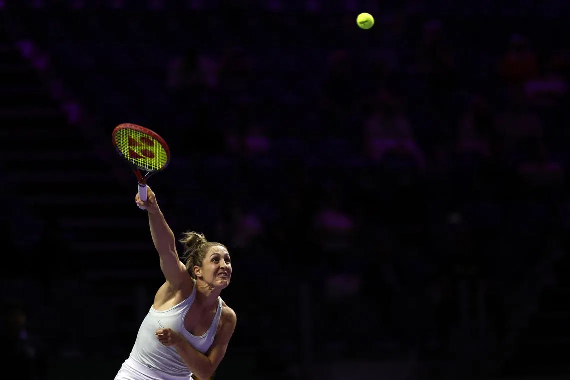 Tennis - WTA Finals - King Saud University Indoor Arena, Riyadh, Saudi Arabia - November 9, 2024 Canada's Gabriela Dabrowski in action during her women's doubles final match alongside New Zealand's Erin Routliffe against Taylor Townsend of the U.S. and Czech Republic's Katerina Siniakova REUTERS/Hamad I Mohammed/File Photo