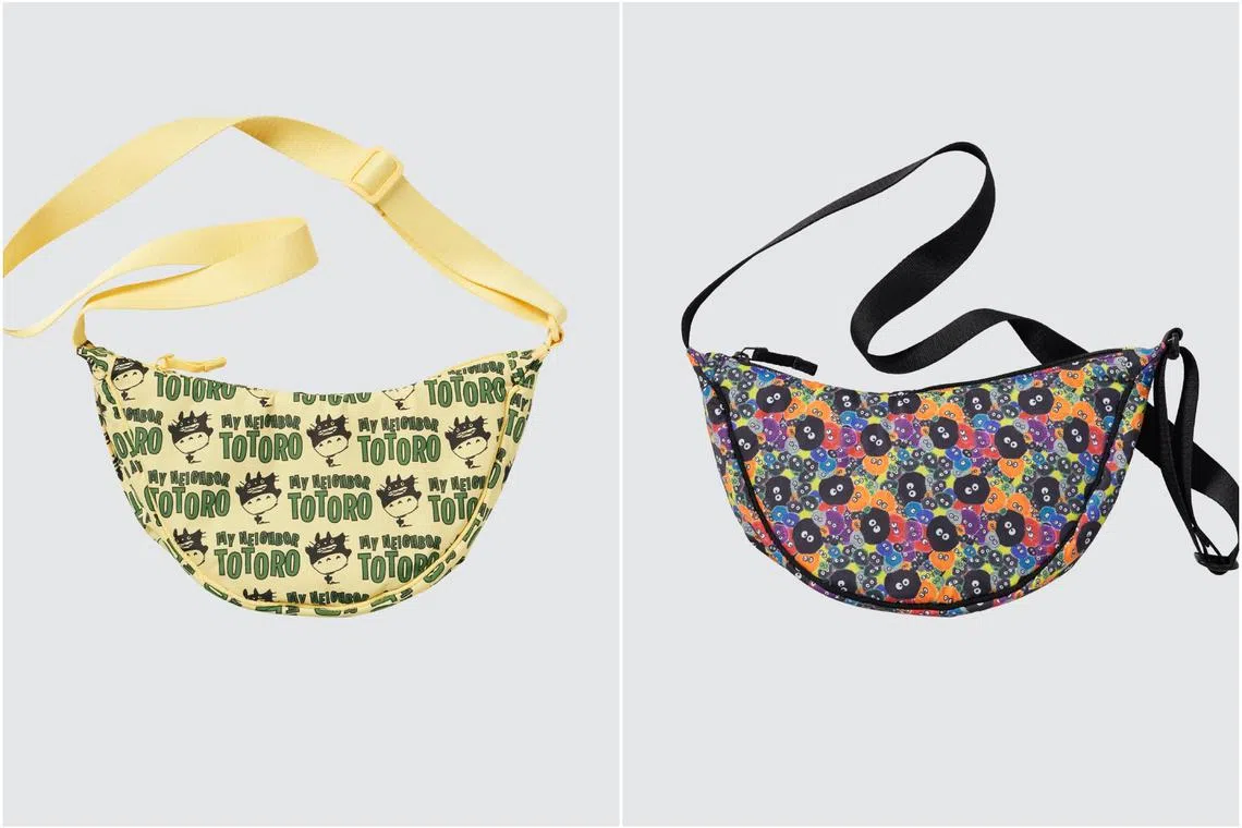 The Uniqlo x Studio Ghibli Round Mini Shoulder Bags in playful designs featuring Totoro (left) and characters Susuwatari (or Soot Sprites). 