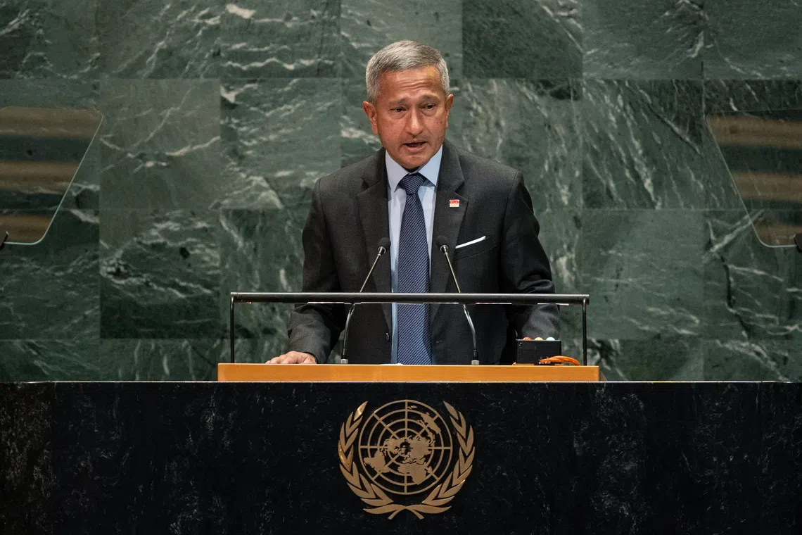 Foreign Minister Vivian Balakrishnan speaks during the General Debate of the 80th session of the United Nations General Assembly at United Nations headquarters in New York, on Sept 27.
