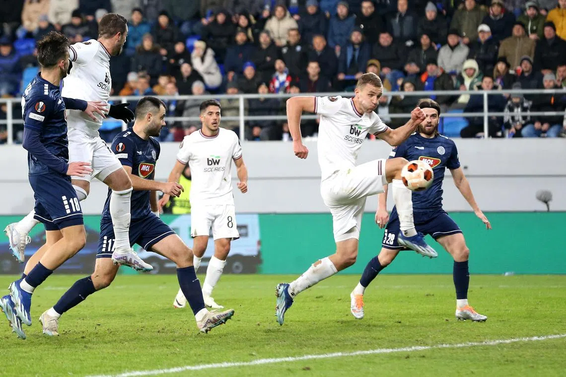 West Ham's Tomas Soucek (centre) scores the only goal of the match, one minute from time, against Backa Topola.