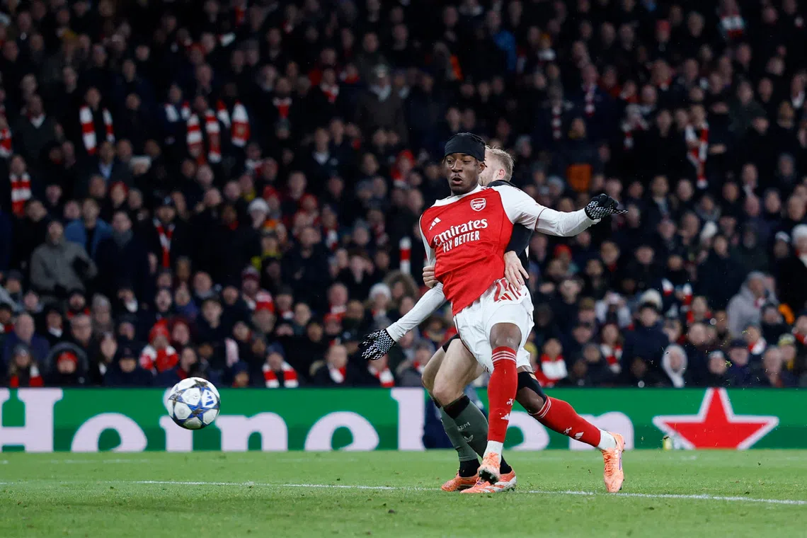 Soccer Football - UEFA Champions League - Arsenal v Bayern Munich - Emirates Stadium, London, Britain - November 26, 2025 Arsenal's Noni Madueke scores their second goal Action Images via Reuters/Peter Cziborra