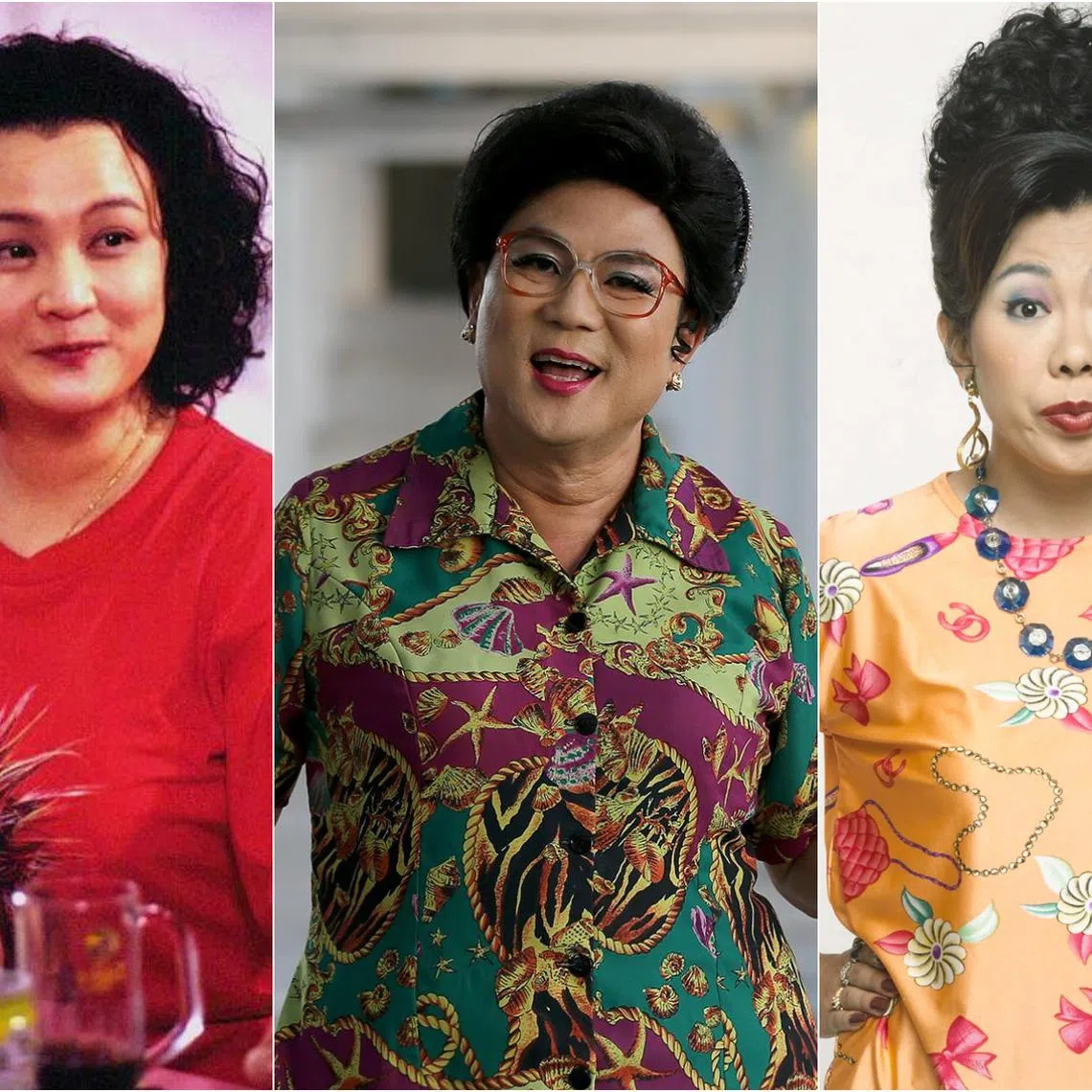 Popular Ah Soh characters on television include (from left) Mo Wanwan played by Chen Liping in 2003 serial Holland V, Liang Ximei played by Jack Neo, and Rosie Phua from sitcom Phua Chu Kang, played by Irene Ang.