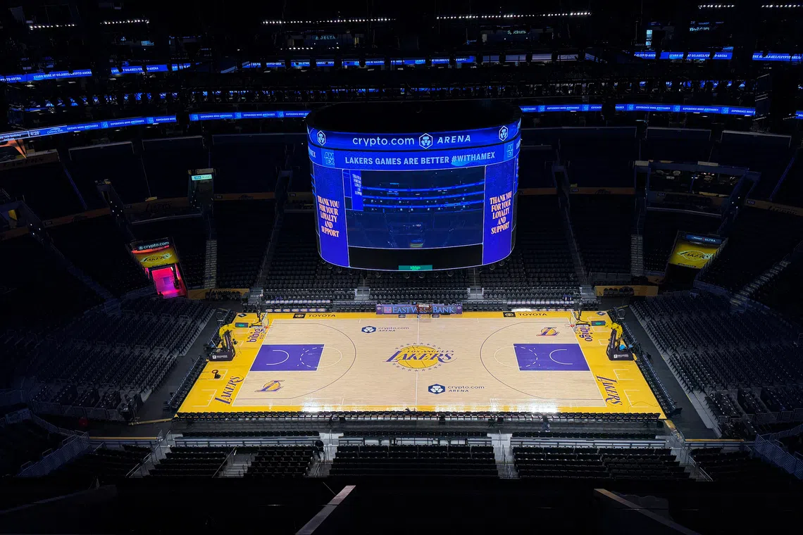 Mar 5, 2026; Los Angeles, California, USA; A general overall view of Los Angeles Lakers logo at midcourt at the Crypto.com Arena. Mandatory Credit: Kirby Lee-Imagn Images