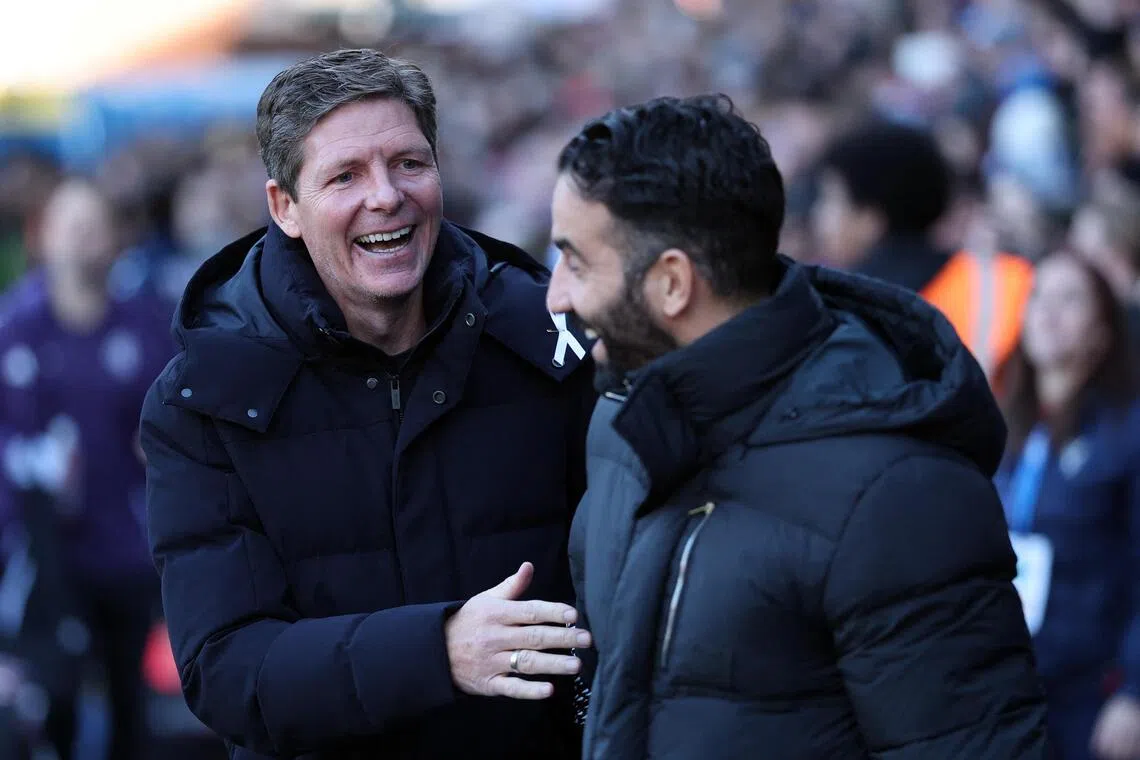 Crystal Palace manager Oliver Glasner and then Manchester United manager Ruben Amorim before their teams' Premier League match at Selhurst Park, London on Nov 30, 2025. Amorim was dismissed on Jan 5, 2026.