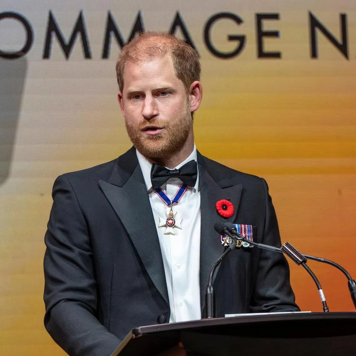 Prince Harry delivers remarks at the True Patriot Love's National Tribute Dinner in Toronto on Thursday, Nov. 6, 2025. The annual event, organized by the True Patriot Love Foundation, honours Canada's military community and raises funds to support active service members, veterans and their families.    Eduardo Lima/Pool via REUTERS