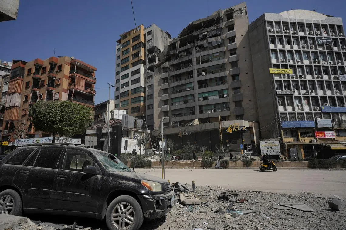 A view of a damaged building in the aftermath of Israeli strikes, amid an escalation between Hezbollah and Israel, amid the U.S.-Israeli conflict with Iran, in Beirut's southern suburbs, Lebanon, March 12, 2026.