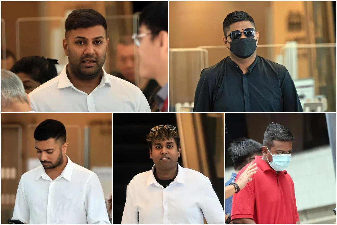 (Clockwise) Sridharan Elangovan, Manojkumar Velayanatham, Sashikumar Pakirsamy, Raja Rishi, and Puthenvilla Keith Peter pleaded guilty to one count of rioting each.