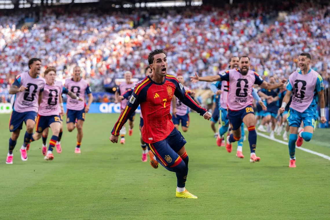 Ferran Torres celebrates scoring his team’s first goal during the FIFA World Cup 2026 Final match between Spain and Argentina on July 19.