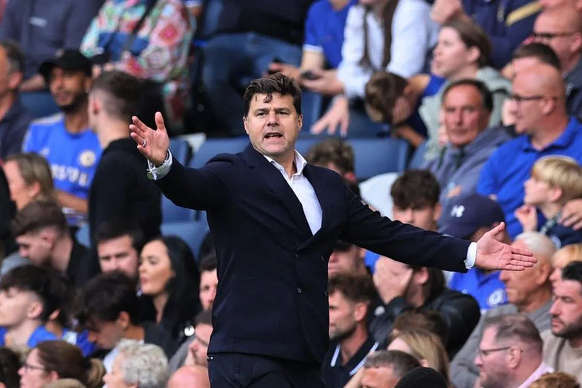 FILE PHOTO: Soccer Football - Premier League - Chelsea v Aston Villa - Stamford Bridge, London, Britain - September 24, 2023 Chelsea manager Mauricio Pochettino reacts REUTERS/David Klein/File Photo