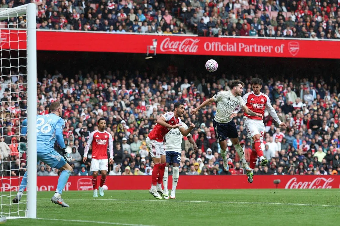 Arsenal's Martin Zubimendi scores their third goal against Nottingham Forest.