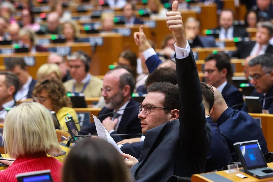 French Member of the European Parliament and chairman of the Patriots for Europe group Jordan Bardella voting at the European Parliament on Nov 13.