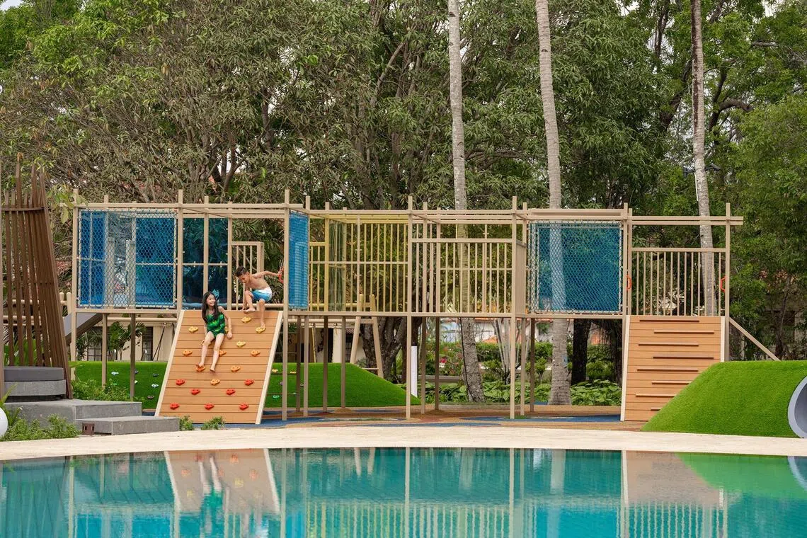Children can cool off at the wet playground, one of several family-friendly facilities at the resort’s Recreation Village.