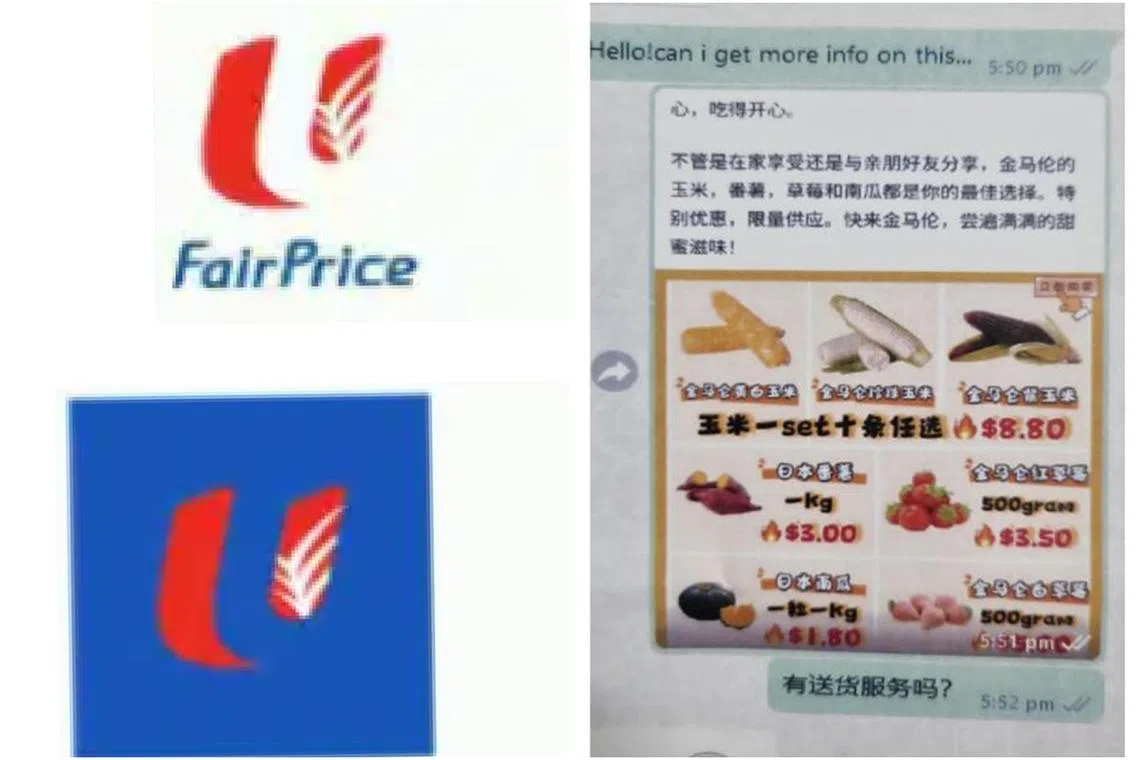Images of the fake FairPrice Group app and a conversation between the victim and scammer.